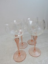 Set of 4 Vintage Etched Hock/Wine Glasses with Pink Stems