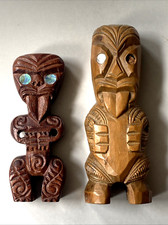 Maori Tiki God Hand Carved Wooden Statues with Paua Shell Eyes