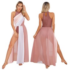 UK Womens Color Block Ballet Lyrical Dress Mock Chiffon High Low Modern Dresses