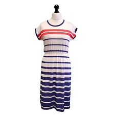 Vintage 70s Summer Dress Pippa Dee White Blue Striped Fit & Flare  L 12 Women's