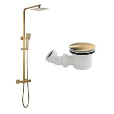 Brushed Brass Shower Kit Thermostatic Rigid Riser & 90mm Shower Tray Waste