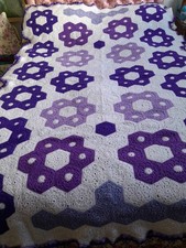 Handmade Crochet Blanket Bedspread White Purple Lilac 82" X 57" Vintage