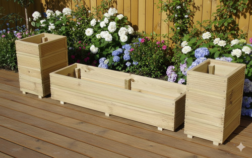 Wooden decking garden - decking, planters