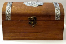 Wooden Jewellery Chest with White Metal Detail, Red Felt Lining and Mirror