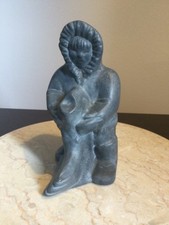 Vintage Canadian First Nations Folk Art Inuit Eskimo Fisherman & Fish Figurine