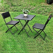 Plastic Rattan Patio Dining Table& 2 Folding Chairs Outdoor Garden Furniture Set