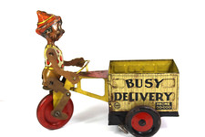 Vintage Rare Marx Tin Busy Delivery Cart Trike Cycle Car Wind Up Toy W Driver