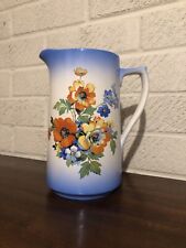 Vintage Jug Blue With Yellow & Orange Flowers Painted 7.5inch Tall 