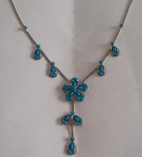 Faux Turquoise South West Pearl Squash Blossom Necklace Silver Plated SEE Read