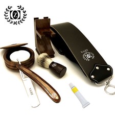 DELUXE SHAVE READY STRAIGHT RAZOR DOVO PASTE SHAVING SET KIT FOR HIM WOODEN MADE
