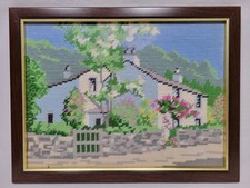 Needlepoint Tapestry Framed Completed Vintage Country House Cottage Flowers Rare