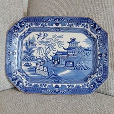 Vintage Burleigh Ware Willow Pattern Blue & White Meat Dish Platter 14" x 10.5"