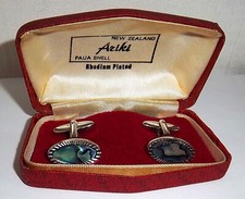 VINTAGE ARIKI PAUA SHELL RHODIUM PLATED CUFFLINKS IN ORIGINAL BOX 1960s - NZ