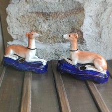 Pair Vintage Porcelain Staffordshire Mantle Fireplace Dogs Whippet Inkwell Pen V