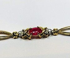 10K Solid Yellow Gold 2.15 Ctw Ruby Link Bracelet with Accent Diamonds
