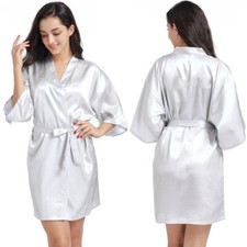UK Plain Satin Silk Robe Wedding Bridesmaid Kimono Dressing Gown Sleepwear S-3XL