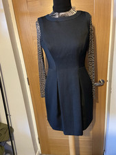 Karen Millen UK 12 Fit & Flare Short Black Dress With Contrasting Mesh Sleeve VG