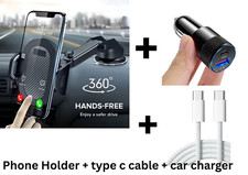 3pc Set Car Phone Holder + USB-C Fast Charging Cable + Dual Car Charger – Bundle