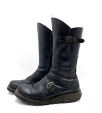 Women’s Black Leather FLY London Mid Calf Boots Size - UK6/EU39 Zip Chunky