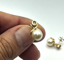 18ct Gold Earrings - 18ct Gold Pearl Stud Earrings Diamond 8mm Elegant Ladies
