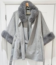 Frank Usher  Grey Wrap  With Fur Collar & Sleeve Trim Belted BNWOT. Size 20-22