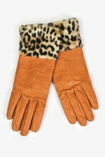 River Island Vintage Brown Tan Leather Leopard Faux Fur Trim Retro Gloves Size S