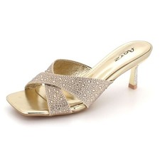 Women Evening Sandals Crystal Diamante Party Prom Kitten Heel Slip On Shoes