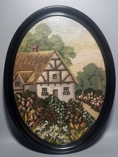 Vintage Country Cottage Garden Needlepoint Tapestry Embroidery Oval Framed 