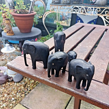 5 VINTAGE BLACK WOODEN ELEPHANT FIGURINE AFRICAN HAND CARVED SET