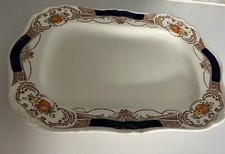 Vintage Cake Stand Platter Plate Cream, Blue Solid Wood Base Unique One Off