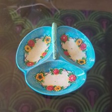 Maruhon ware, small divided blue / orange flower dish with handle