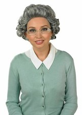 Womens Grey Curly Granny Wig + Glasses For Old Lady Grandma Fancy Dress Costume