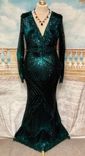 Gatsby Dress 16 Green Black Sequin Fishtail Goddiva Deco 20s Prom Evening Plus