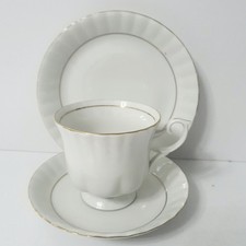Chodziez Made In Poland Teacup, Saucer & Plate White Scalloped With Gold Trim