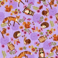 Fat Quarter Enchanted Forest Animals Fox Owl Lilac 100% Cotton Quilting Fabric 