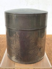 ANTIQUE KUT HING PEWTER SWATOW TEA CADDY WITH DRAGON & CRANE DECORATION