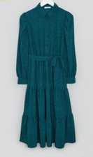 Teal Ditsy Animal Print Belted Tiered Secretary Midi Shirtwaister Dress Size 18 