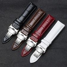 crocodile Grain genuine leather watch strap mens butterfly buckle band 20mm 22mm
