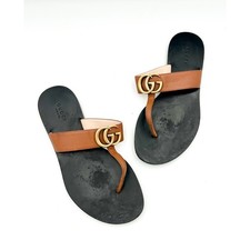 Gucci GG Marmont Thong Sandals IT 36.5 UK 3.5 / US 6.5 Camel Brown Leather Gold