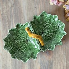 Vintage Bordallo Pinheiro Leaf Dish, Portuguese Majolica Serving Platter, Green