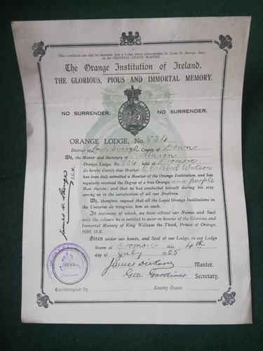 1925 orange lodge certificate - orange,