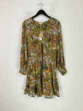 FatFace Green Paisley Mini Smock Dress Long Sleeve V-Neck Cotton UK 16 NEW