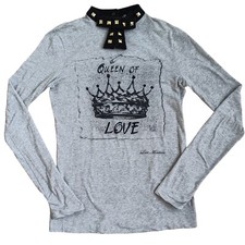 Love Moschino Tshirt Queen Of Love Bejewelled Grey Black Gold Women's Size 10