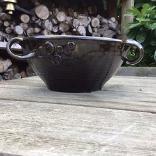 Old Vintage Brown Glazed Triple Handle Bowl With Appliqué Decoration Marked “P”