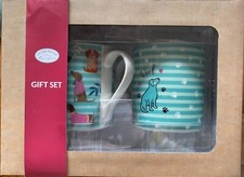 Crazy Dog Lover Gift Box set of 2 Green White Striped Ceramic Mugs