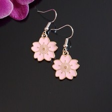 Enamel Flower Sakura Earrings Cherry Blossom Japanese Chinese Golden Dangle