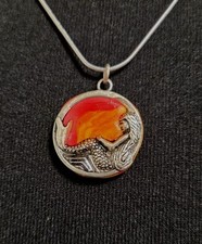 Mermaid Unusual Pendant Necklace With A Fiery Backdrop Fun Hippy Vibes