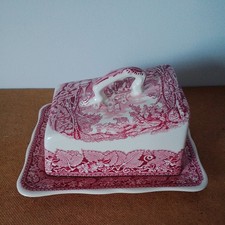 Antique Masons Vista England Ironstone Pink And White Cheese Dish