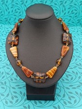 Vintage Retro Striking Amber Glass Line Pattern Detailed Mixed Beaded Necklace