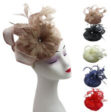Womens Feather Flower Disc Fascinator Round Pillbox Wedding Headband Royal Ascot